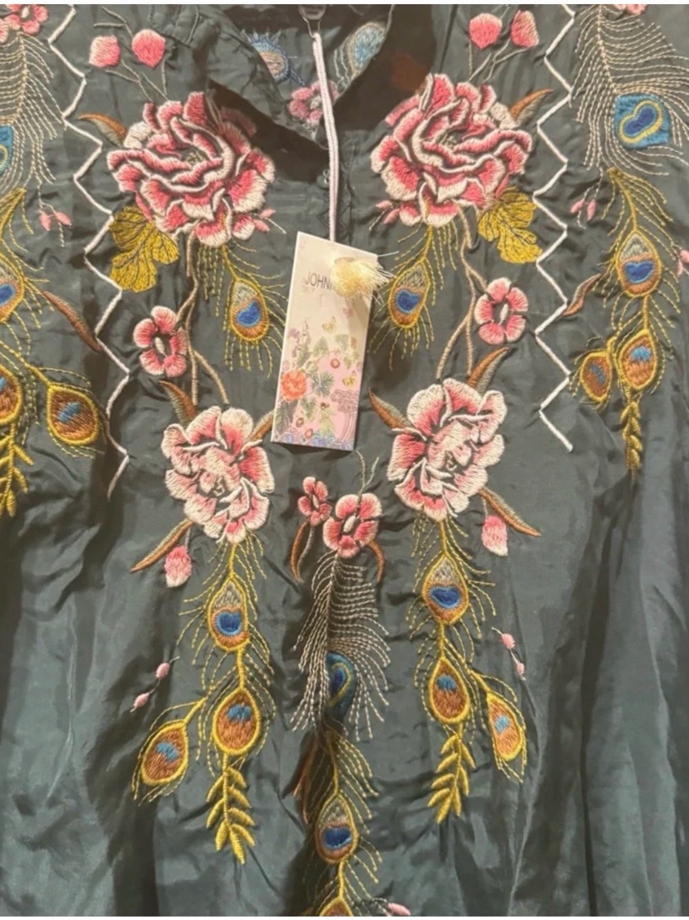 BEAUTIFUL JOHNNY WAS GREEN SILK QUITO VICTORIAN PRAIRIE BLOUSE
 NEW WITH TAGS - Picture 4 of 11